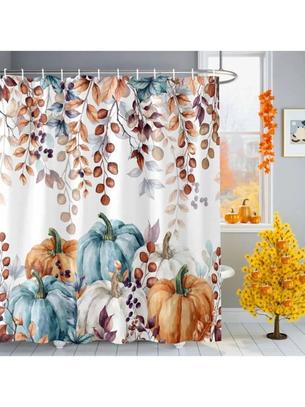 Autumn Pumpkins & Eucalyptus Shower Curtain Set, Waterproof Bathroom Decor 60x72